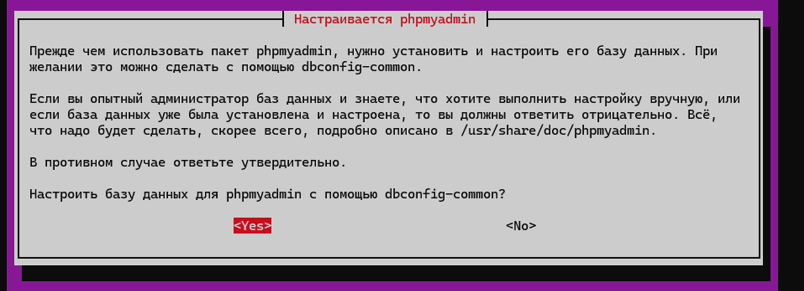 Настроим базу данных для phpMyAdmin с помощью dbconfig-common